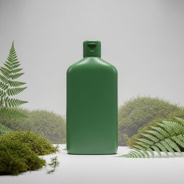 A green skincare product mockup bottle stands on a white surface surrounded by lush green ferns and mossy plants in a serene natural setting for advertising.