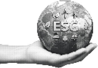 Human halftone  hand holding sphere with 'escape' text, dot art style, concept for freedom and opportunity, isolated on checkered background. © MDtanjit