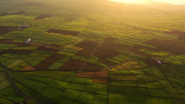 Aerial view of the patchwork agricultural fields on Terceira Island at golden hour with lush green pastures and stone walls in Azores, Portugal.
