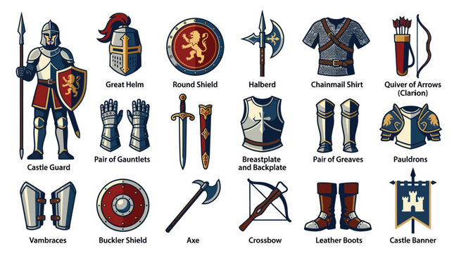 Medieval Knight Armor and Weapons - Flat Vector Illustration