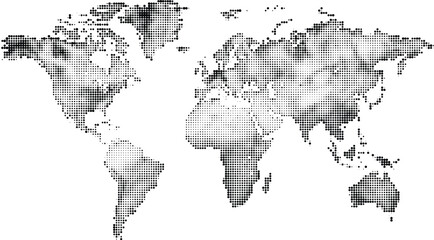 Fototapeta premium World map illustrated halftone with grayscale dots on transparent background, global representation, cartography and digital art.