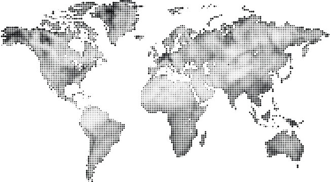 World map illustrated halftone with grayscale dots on transparent background, global representation, cartography and digital art.