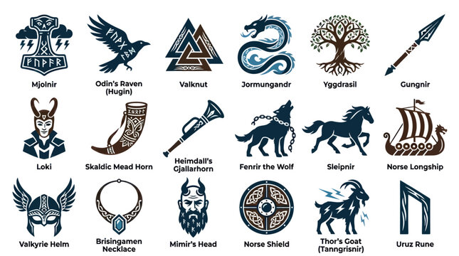 Norse Mythology Symbols Vector Icons - Ancient Viking Gods and Legends Art