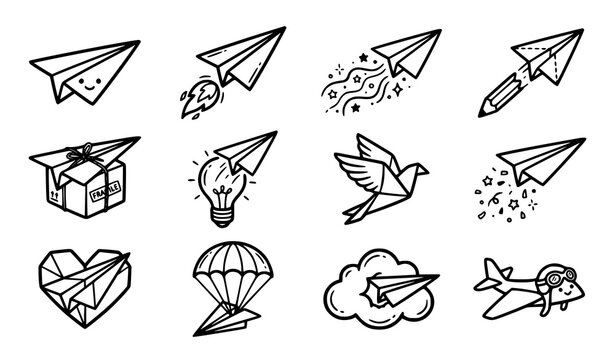 Creative paper plane vector icon set with bold line art whimsical origami gliders and brainstorming symbols
