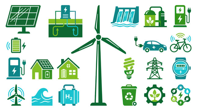 Sustainable Green Energy and Environment Technology Flat Vector Icons Set