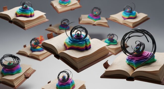 Infinite floating leather journals where every open page reveals a miniature world of layered parchment and spiraling dark ink patterns, recursion, binding, quill