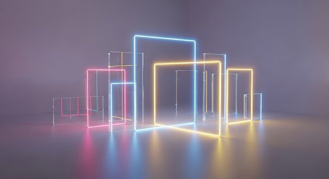 Minimalist modern art composition featuring translucent acrylic rectangles with vibrant glowing pastel outlines in a clean studio setting, outlines, glowing, gradient