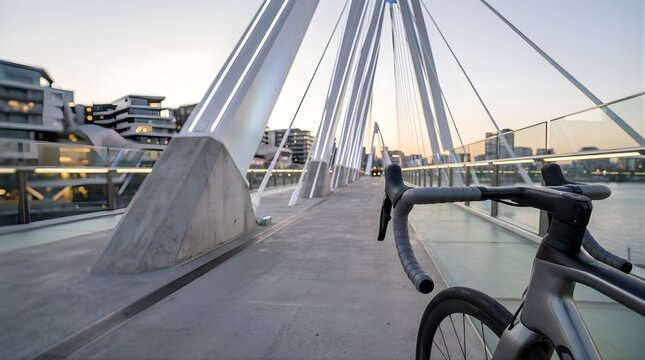 Modern bicycle parked on urban pedestrian bridge at sunset with city view