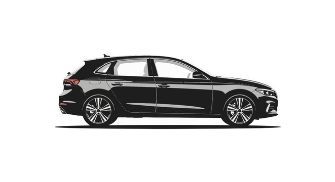 Side profile vector illustration of a modern black premium hatchback car, featuring detailed alloy wheels and aerodynamic body lines isolated on a plain white background.