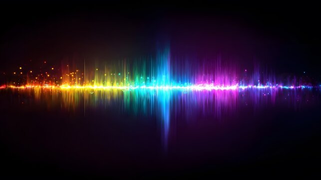Vibrant sound wave visualization with rainbow colors and reflections on a dark background.