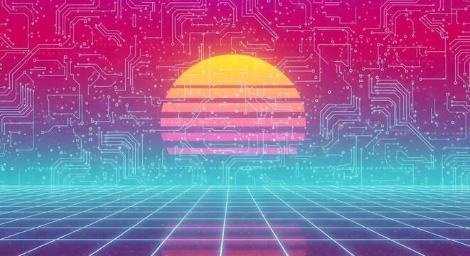 Vibrant neon sunset on a futuristic circuit board landscape