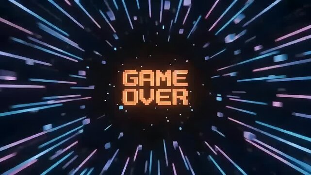 Abstract voxel block tunnel explosion with pixel text game over message