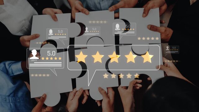 A diverse team working together with puzzle pieces, each showing stars and ratings, symbolizes effective collaboration, feedback, and vibrant workplace dynamics. Raster