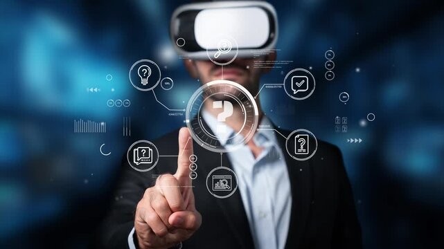 Businessman Engaging with Virtual Reality Interface, Touching Digital Icons with Futuristic Technology Background, Innovation and Interaction Concept. Entropy.