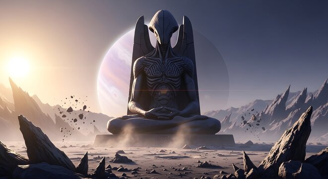 Meditating alien statue on a desert planet with a large moon
