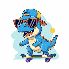 Cool Cartoon Blue Dinosaur Riding Skateboard Wearing Sunglasses and Hat Illustration © bima