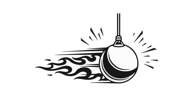 Black and white vector illustration of a tetherball moving at high speed with stylized fire trails and motion lines, isolated on a white background for playground sports design.