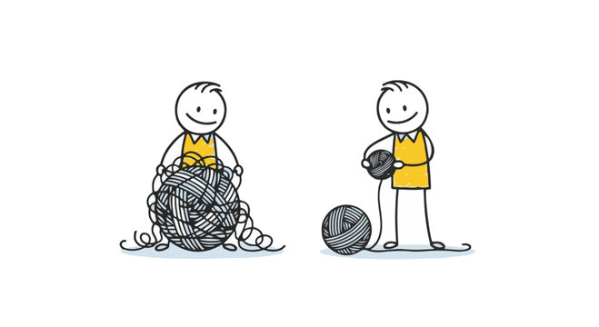 Stick figure illustration showing two stages of organization: one character with a messy, tangled ball of yarn and another with neatly wound yarn balls, symbolizing problem solving.
