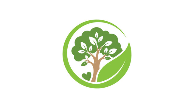 Green tree logo with leaf and heart symbol in circle, nature concept