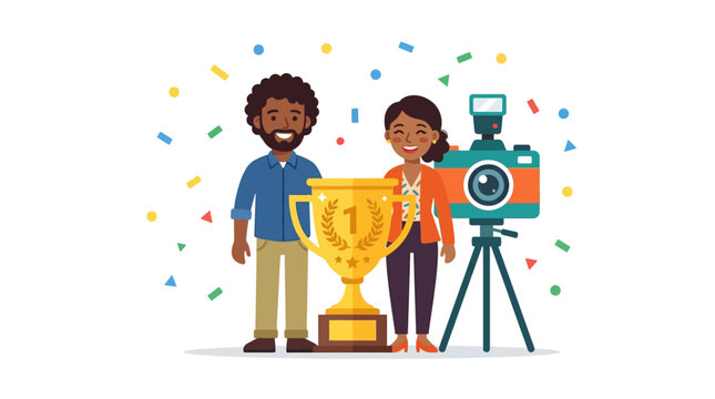 A smiling man and woman standing together with a large golden trophy and a professional camera on a tripod.