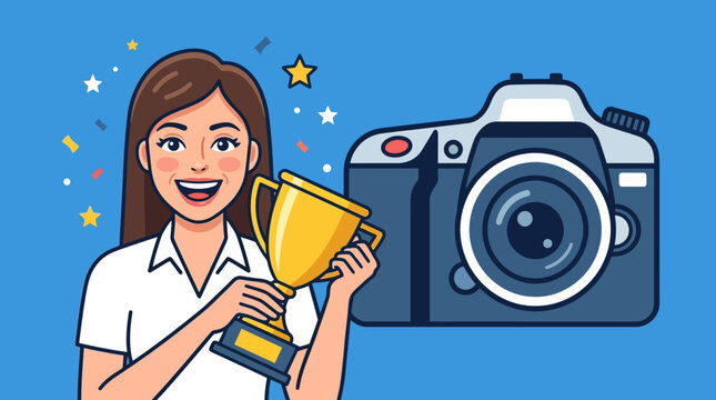 A smiling young woman holding a golden trophy with a large professional camera beside her.