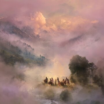 Enchanting mist-filled Kashmir valley at dawn, with soft pink and gold sky, layers of fog curling over green mountains and a tranquil riverbank. A group of musicians in traditional attire gather on a