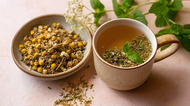 Dried chamomile flowers and lemon balm leaves next to herbal tea. Stress relief, sleep support for menopause. Flat lay. 