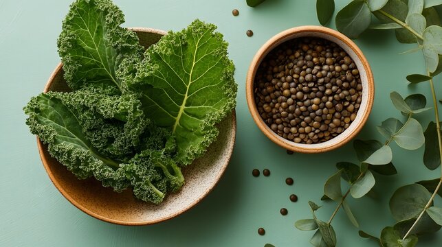 Dark leafy kale leaves and cooked lentils on mint background. Iron, calcium for menopause bone health. Flat lay.
