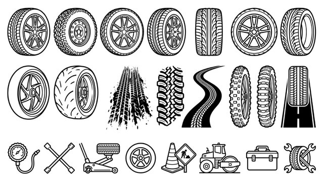 A collection of automotive-themed icons and illustrations, featuring various tires, tools, and road elements, presented in a black and white line art style