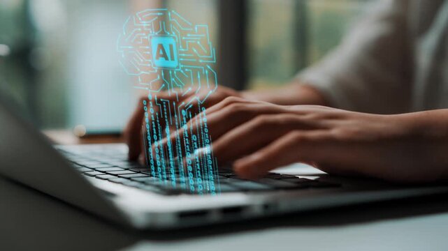 Digital transformation with artificial intelligence concept depicting hands typing on laptop keyboard with holographic AI graphic and data flow visualization Gluon.