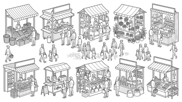 A set of isometric illustrations depicting various market stalls with vendors and customers