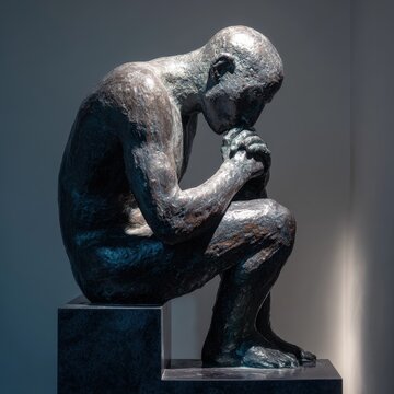 Bronze sculpture inspired by The Thinker, seated with chin resting on a hand in contemplation, atop a slate pedestal in a stark white modernist gallery. Emphasizes the patina, subtle aging, and the t