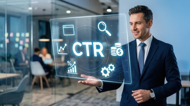 Business professional presenting a transparent screen displaying ctr metrics and digital marketing analytics in a modern office setting