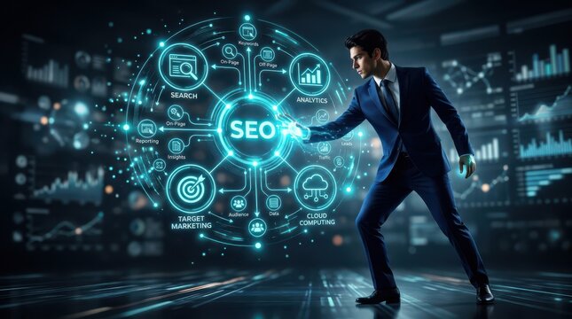 Seo strategy concept businessman analyzing data network with keywords and analytics visualization
