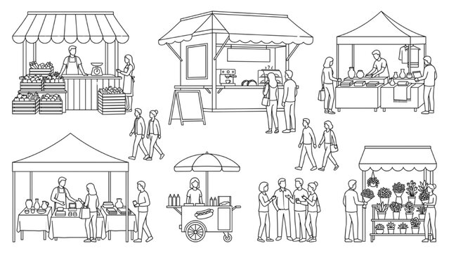 A collection of hand-drawn sketches depicting various market stalls and people browsing, creating a lively street fair atmosphere