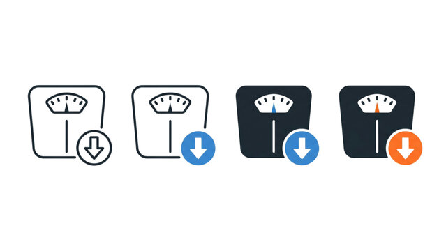 Weight loss icon with a downward arrow, illustrating the concept of shedding pounds. This graphic represents health and fitness goals, showing a decrease in body weight.