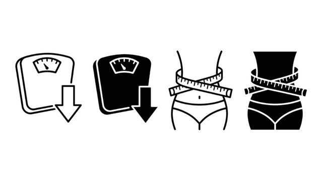 Four icons representing weight loss and body measurement. The icons show a scale with a downward arrow, another scale with a downward arrow.