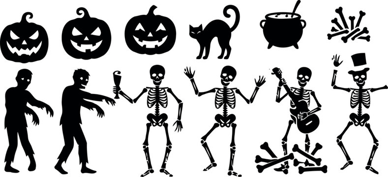 Halloween silhouettes jack o' lanterns skeletons zombies and spooky halloween elements