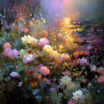 An impressionistic evening garden by the sea at twilight, massed magenta and ivory blooms glow in a warm golden hour light, with soft reflections shimmering on the water; the painterly, dreamlike sce
