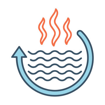 Modern monoline icon featuring a circular arrow and wavy lines representing heat energy for heating systems and thermal technology concepts
