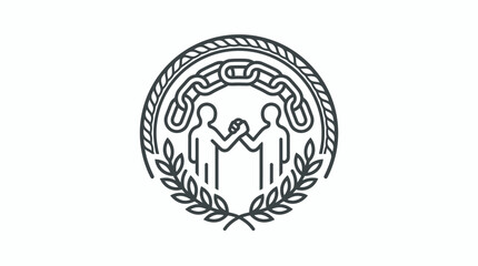 Obraz premium Clean Black and White Sketch Symbol of United People Holding Hands Inside Chain and Laurel Wreath Circle