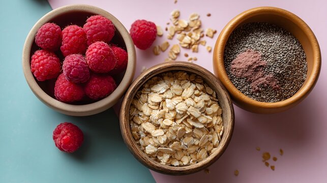 Rolled oats, ground flaxseed and fresh raspberries. Fiber and omega-3 for hormonal regulation, gut health. Menopause nutrition. 