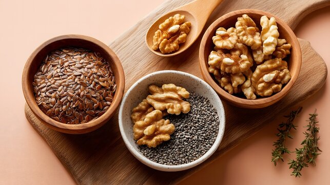 Flax seeds and walnuts on peach background. Omega-3, lignans for menopause heart health and hormonal support. Flat lay. 