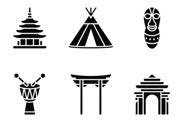 Obraz premium Cultural and religious landmark icons including temples and tribal mask with religion