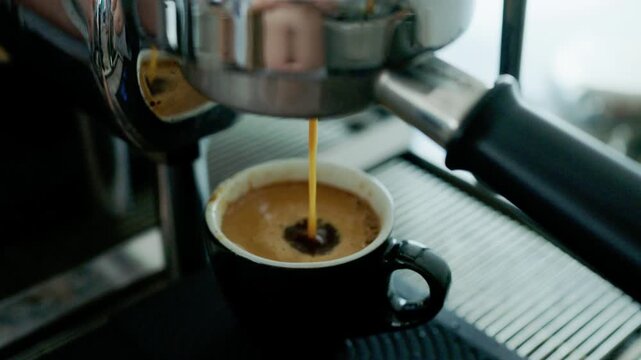 4K Pouring coffee stream from professional machine in cup. Barista man making double espresso, using filter holder. Flowing fresh ground coffee. Drinking roasted black coffee in the morning.
