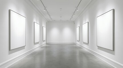 Fototapeta premium Modern Art Gallery Hallway with Blank White Canvases on Walls.