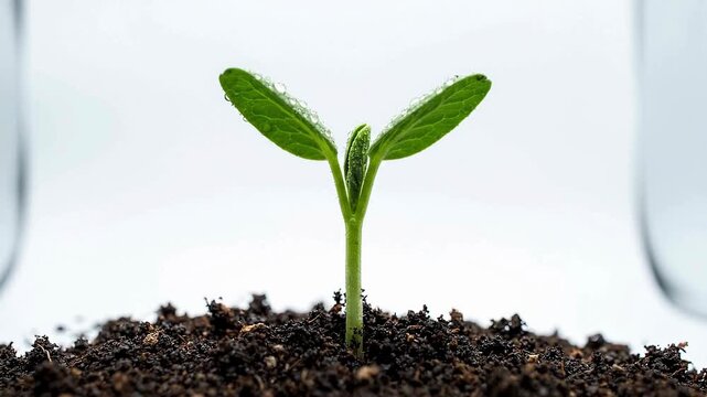 A small green plant grows out of dark soil with two leaves in a glass jar on a white background