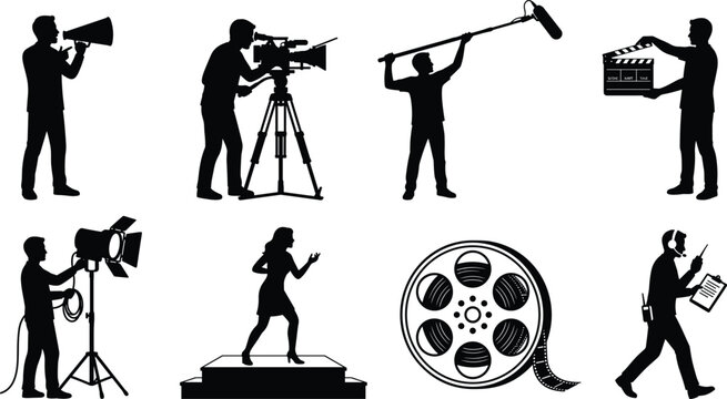Movie production and filmmaking silhouette set featuring camera crew, director, actress, lighting, and film reel elements