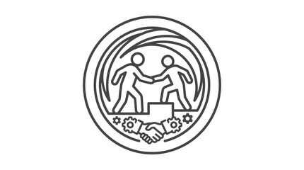 Fototapeta premium Professional Monochrome Icon Showing Two People Collaborating with Handshake and Gear Symbols in Circular Frame