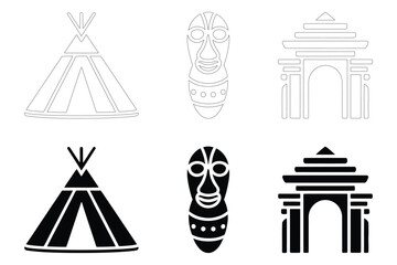 Naklejka premium Tribal heritage mask and ancient historic architecture icon set for cultural design